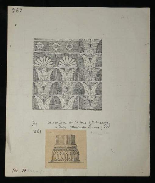 Dessin original sign&eacute; - Base de colonne du palais de Darius & D&eacute;coration du palais d'Artaxerx&egrave;s, &agrave; Suse (Mus&eacute;e du Louvre). Louis Henri Laffill&eacute;e