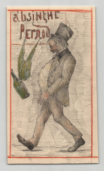 Dessin original d&eacute;but XXe - Caricature "Absinthe Pernod" - Crayon & Couleurs. 