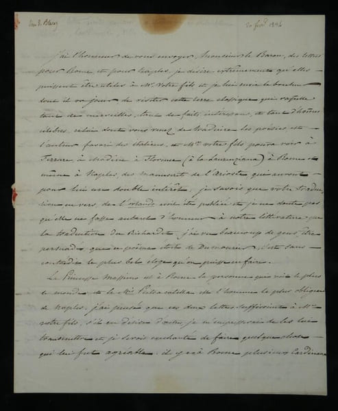 Duc de Blacas d'Aulps Lettre autographe sign&eacute;e au Baron de Fr&eacute;nilly Italie 1834. Pierre Louis Jean Casimir de BLACAS D'AULPS