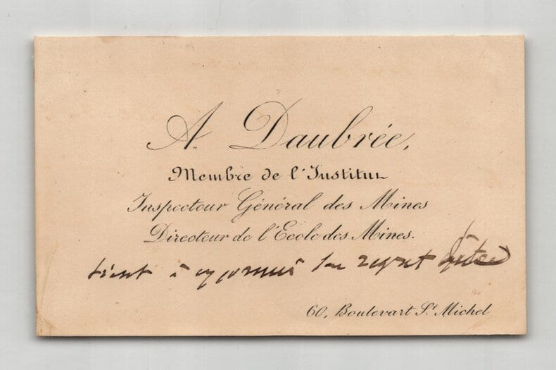 Gabriel Auguste Daubr&eacute;e - Carte de visite autographe sign&eacute;e de regrets. Gabriel Auguste DAUBR&Eacute;E