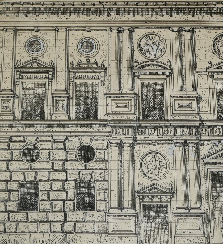 Dessin original sign&eacute; - Partie du palais de Charles-Quint &agrave; l'Alhambra. Louis Henri Laffill&eacute;e