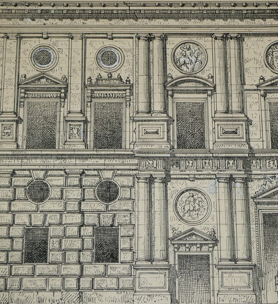 Dessin original sign&eacute; - Partie du palais de Charles-Quint &agrave; l'Alhambra. Louis Henri Laffill&eacute;e