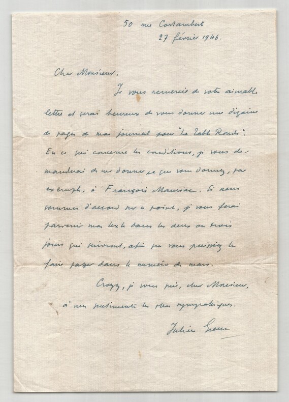 Julien Green - Lettre autographe sign&eacute;e - La Table Ronde Fran&ccedil;ois Mauriac - 1946. Julien Green