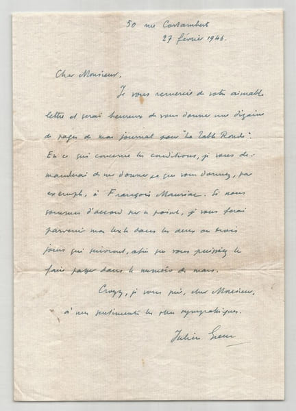 Julien Green - Lettre autographe sign&eacute;e - La Table Ronde Fran&ccedil;ois Mauriac - 1946. Julien Green