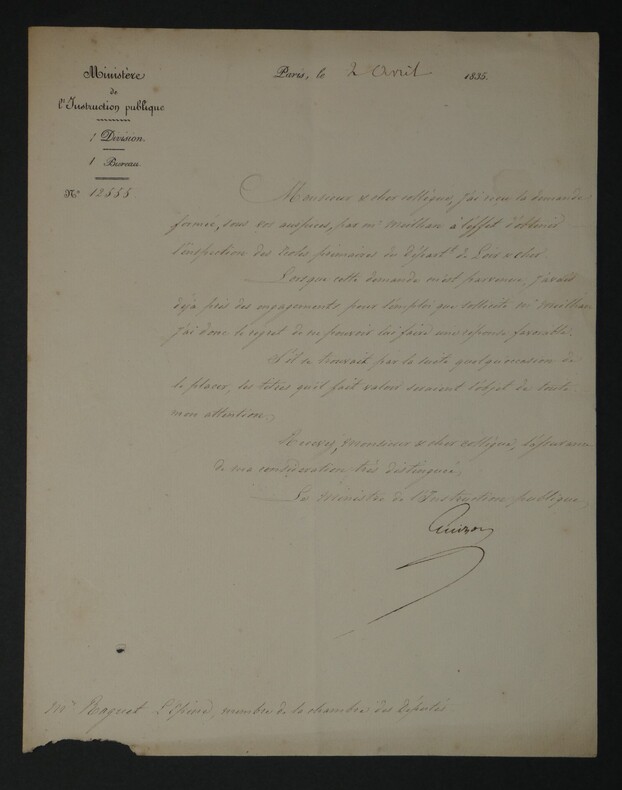 Fran&ccedil;ois Guizot - Lettre sign&eacute;e - Minist&egrave;re de l'Instruction publique - 1835. Fran&ccedil;ois Guizot