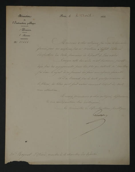 Fran&ccedil;ois Guizot - Lettre sign&eacute;e - Minist&egrave;re de l'Instruction publique - 1835. Fran&ccedil;ois Guizot