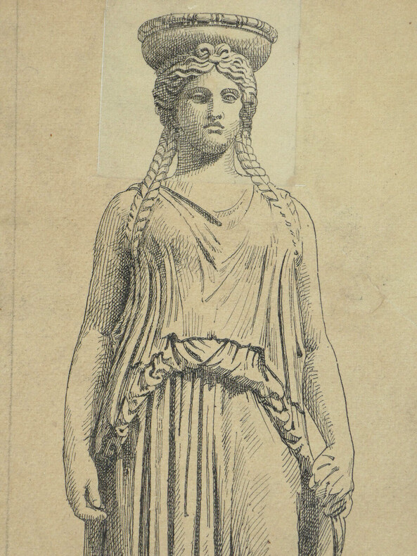 Cariatide restaur&eacute;e de l'Erech-th&eacute;ion — Dessin original sign&eacute;, encre vers 1930. Louis Henri Laffill&eacute;e