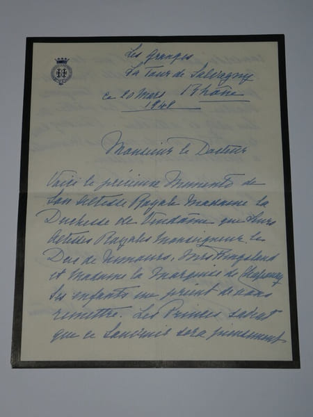 Dame d'honneur, Henriette de Belgique LETTRE AUTOGRAPHE SIGN&Eacute;E &agrave; 8j de sa mort. Dame d'honneur d'Henriette de Belgique