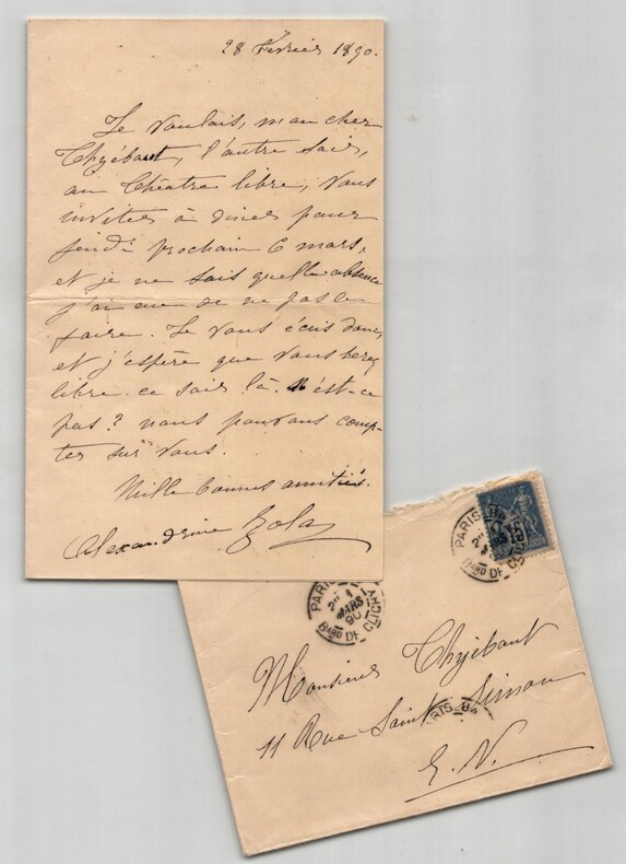Alexandrine Zola - Lettre autographe sign&eacute;e &agrave; Mr Thy&eacute;baut &laquo; quelle absence j'ai eue de ne pas le faire &raquo; - 1890. Alexandrine Zola