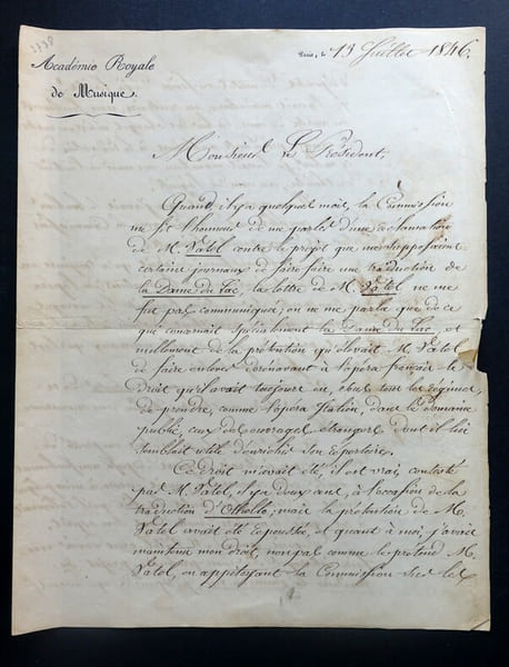 PILLET L&eacute;on - LETTRE SIGN&Eacute;E DE SA MAIN, ACAD&Eacute;MIE ROYALE DE MUSIQUE de PARIS 1846. L&eacute;on Pillet