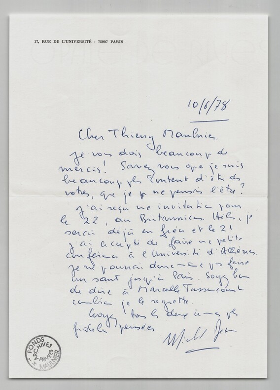 Michel D&eacute;on - Lettre autographe sign&eacute;e &agrave; Thierry Maulnier - 1978. Michel D&eacute;on