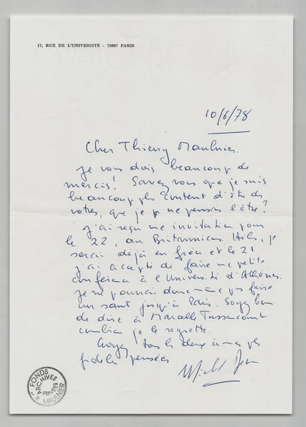 Michel D&eacute;on - Lettre autographe sign&eacute;e &agrave; Thierry Maulnier - 1978. Michel D&eacute;on