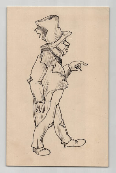 Dessin d&eacute;but XXe - Caricature Homme au haut-de-forme caboss&eacute; - Crayon et encre. 