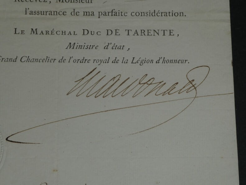 &Eacute;tienne Macdonald - 1er Duc de Tarente - LETTRE SIGN&Eacute;E L&eacute;gion d'honneur - 1817. &Eacute;tienne MACDONALD