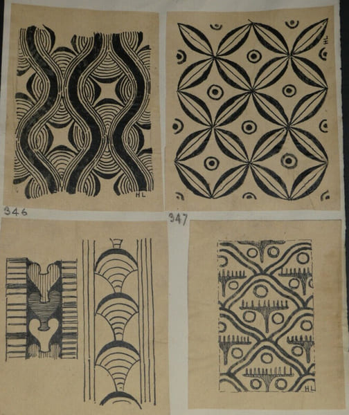 Dessin original sign&eacute; — Ornement g&eacute;om&eacute;trique & Jeu de fond, Fresque de Tirynthe. Louis Henri Laffill&eacute;e