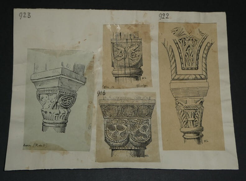 Quatre chapiteaux d'&eacute;glises et Abbaye - Dessin original sign&eacute;. Louis Henri Laffill&eacute;e