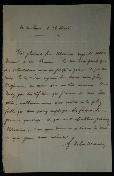 F&eacute;licit&eacute; LAMENNAIS - Lettre Autographe Sign&eacute;e "demande &agrave; M. Benoist". F&eacute;licit&eacute; Lamennais