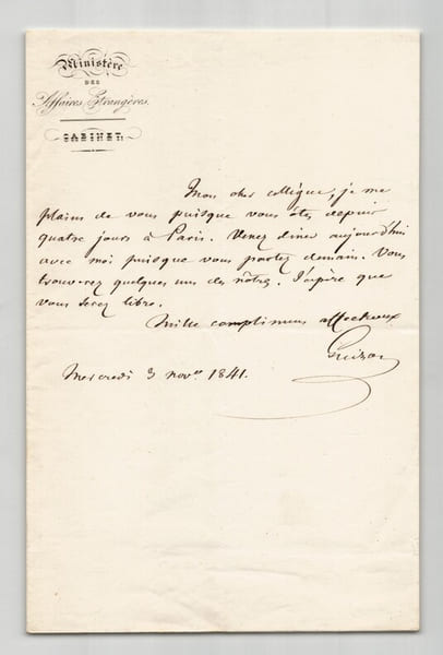 Fran&ccedil;ois Guizot - Lettre autographe sign&eacute;e - Invitation &agrave; diner - 1841. Fran&ccedil;ois Guizot
