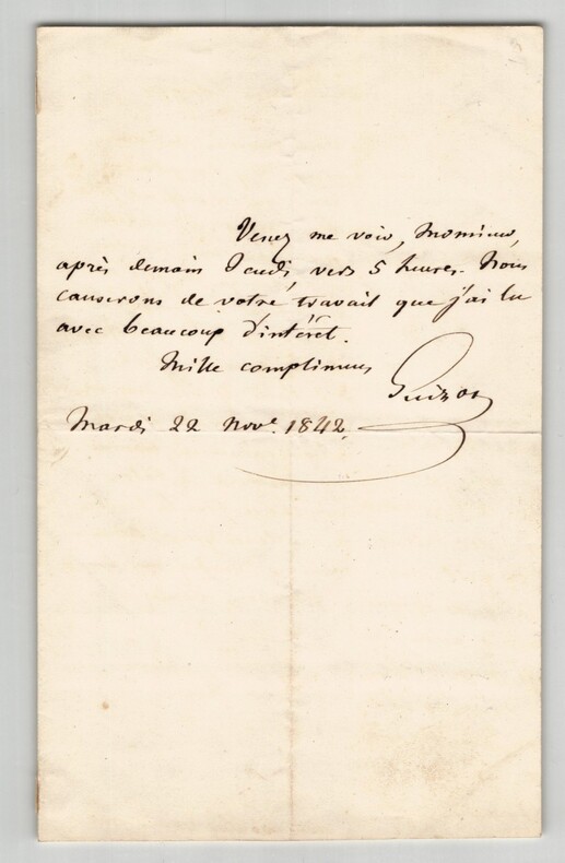 Fran&ccedil;ois Guizot - Lettre autographe sign&eacute;e d'invitation - 1842. Fran&ccedil;ois Guizot