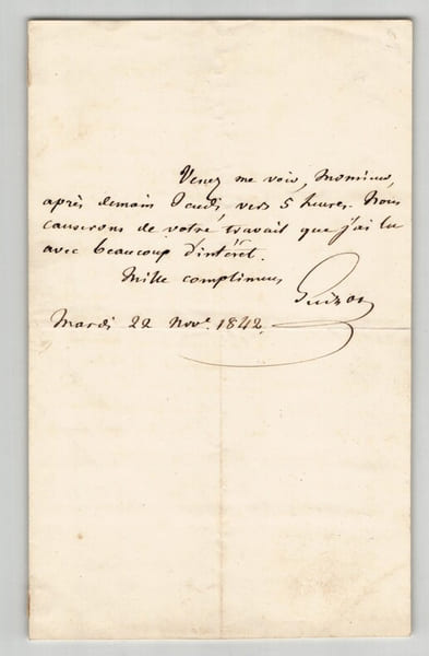 Fran&ccedil;ois Guizot - Lettre autographe sign&eacute;e d'invitation - 1842. Fran&ccedil;ois Guizot