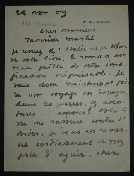 Abel BONNARD, Ancien ministre de l'&eacute;ducation - LETTRE AUTOGRAPHE SIGN&Eacute;E, 1909. Abel BONNARD