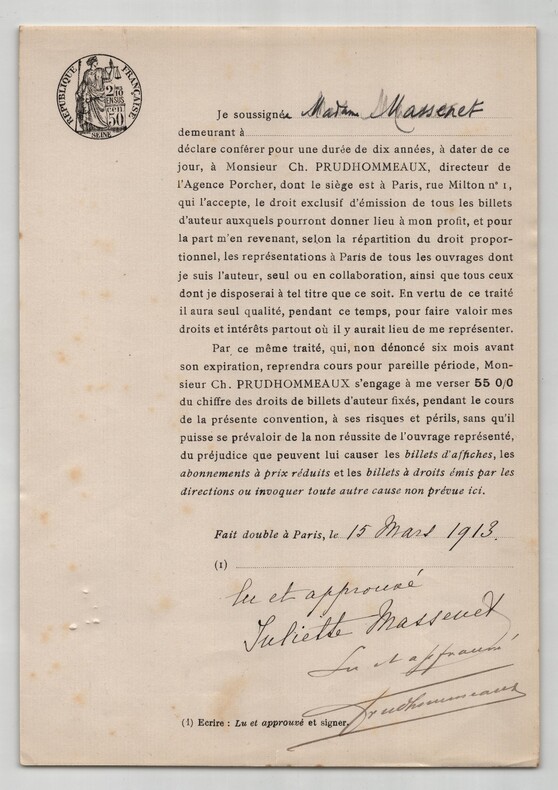 Pouvoir sign&eacute; par Juliette Massenet - Collection de 25 auteurs & musiciens. Juliette Massenet