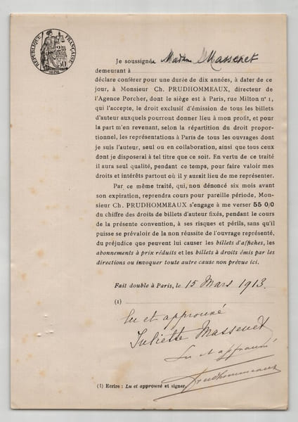 Pouvoir sign&eacute; par Juliette Massenet - Collection de 25 auteurs & musiciens. Juliette Massenet