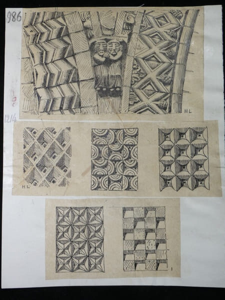 Dessin original sign&eacute; – "Face d'arc de la nef de la cath&eacute;drale de Bayeux" et "Ornements g&eacute;om&eacute;triques d&eacute;riv&eacute;s du carr&eacute; et du losange" (XIIe si&egrave;cle) – ...
