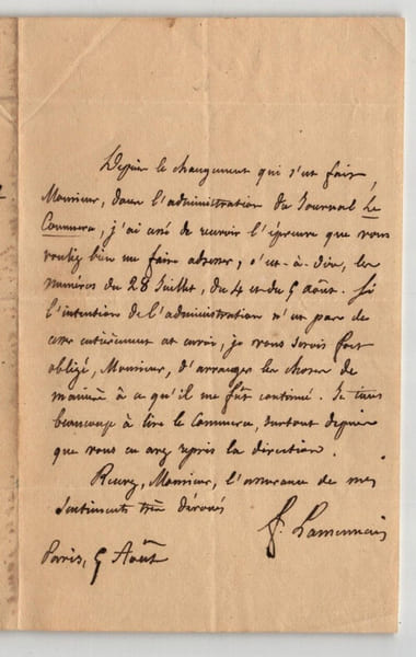 F&eacute;licit&eacute; Robert de Lamennais - LETTRE AUTOGRAPHE SIGN&Eacute;E. F&eacute;licit&eacute; Robert de Lamennais