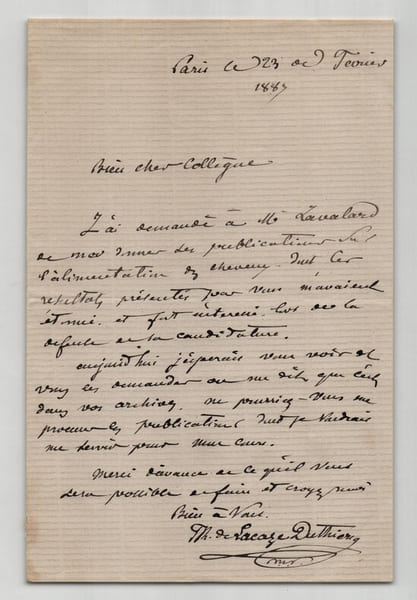 Henri de Lacaze Duthiers - Lettre autographe sign&eacute;e Zoologie Chevaux Paris 1887. Henri de Lacaze-Duthiers