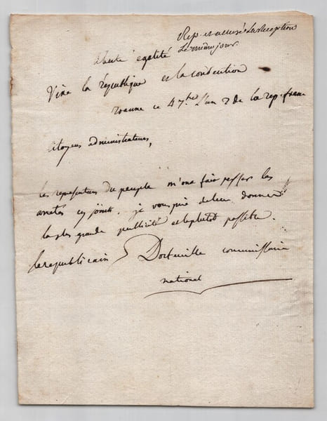 Lettre autographe sign&eacute;e de la R&eacute;volution - Roanne An II 1794. Dortouillet (commissaire national)