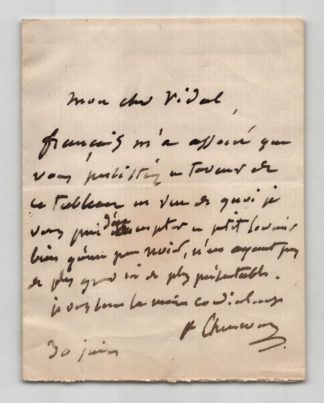 Paul Chenavard - Lettre autographe sign&eacute;e &agrave; Monsieur Vidal - 1880. Paul Chenavard