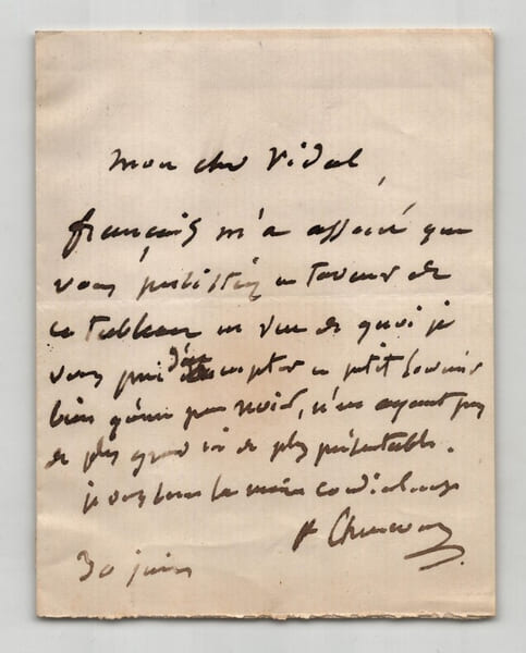 Paul Chenavard - Lettre autographe sign&eacute;e &agrave; Monsieur Vidal - 1880. Paul Chenavard