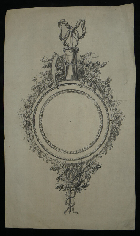 Lavis d'encre - Cadre ornemental floral, faux et sablier, XVIII&egrave;me. Anonyme
