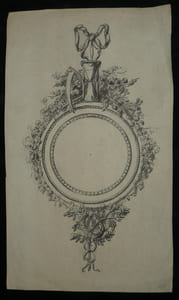 Lavis d'encre - Cadre ornemental floral, faux et sablier, XVIIIème