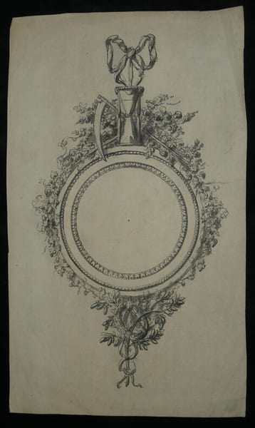 Lavis d'encre - Cadre ornemental floral, faux et sablier, XVIII&egrave;me. Anonyme