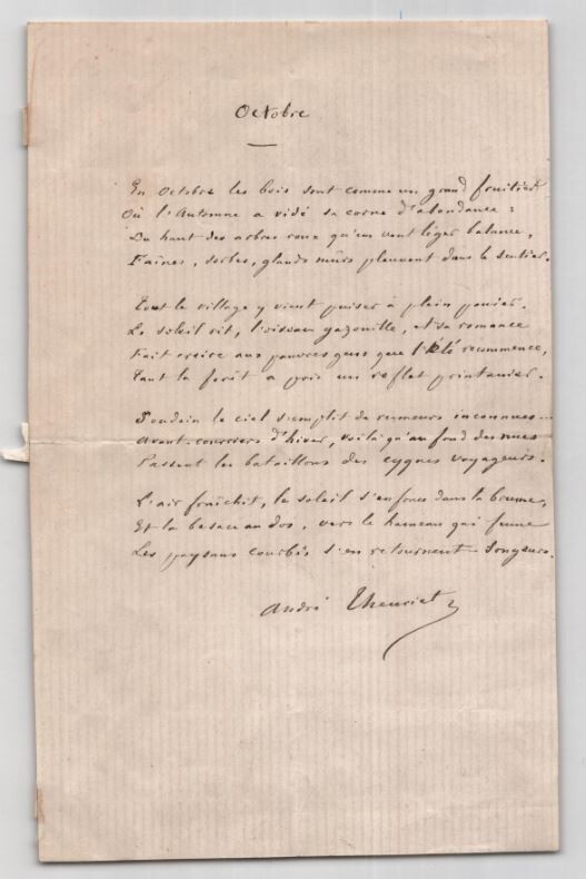 Andr&eacute; Theuriet, Po&egrave;me autographe sign&eacute; "Octobre" lettre autographe sign&eacute;e 1877. Andr&eacute; Theuriet