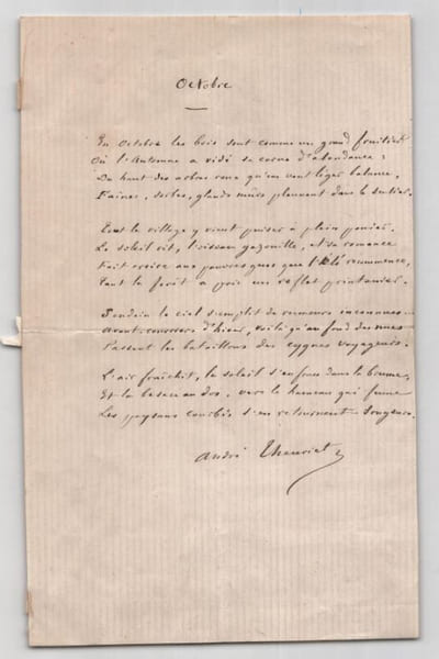 Andr&eacute; Theuriet, Po&egrave;me autographe sign&eacute; "Octobre" lettre autographe sign&eacute;e 1877. Andr&eacute; Theuriet
