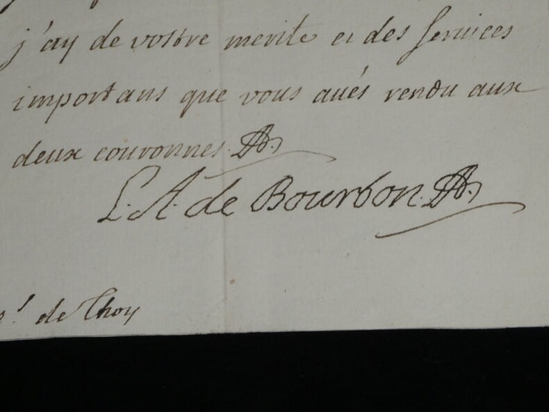 Louis-Alexandre de Bourbon, fils ain&eacute; de Louis XIV - Lettre sign&eacute;e - "des services importants que vous av&eacute;s rendu aux deux couronnes" - 1718. ...