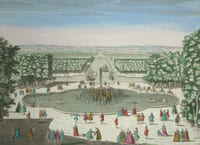 Vue d'optique - Gravure - Vue du Grand Bassin d'Apollon et du Grand Canal dans les Jardins de Versailles
