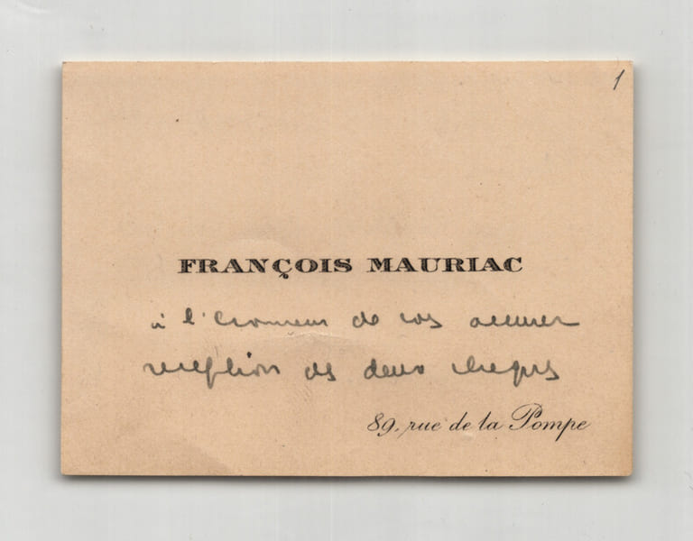 Fran&ccedil;ois Mauriac - Carte de visite autographe de remerciements. Fran&ccedil;ois Mauriac
