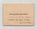 Fran&ccedil;ois Mauriac - Carte de visite autographe de remerciements. Fran&ccedil;ois Mauriac