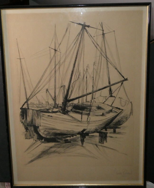Gravure encadr&eacute;e et sign&eacute;e au graphite - Claude PIECHAUD - Bateau - Contemporain. Claude PIECHAUD
