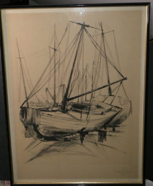 Gravure encadr&eacute;e et sign&eacute;e au graphite - Claude PIECHAUD - Bateau - Contemporain. Claude PIECHAUD