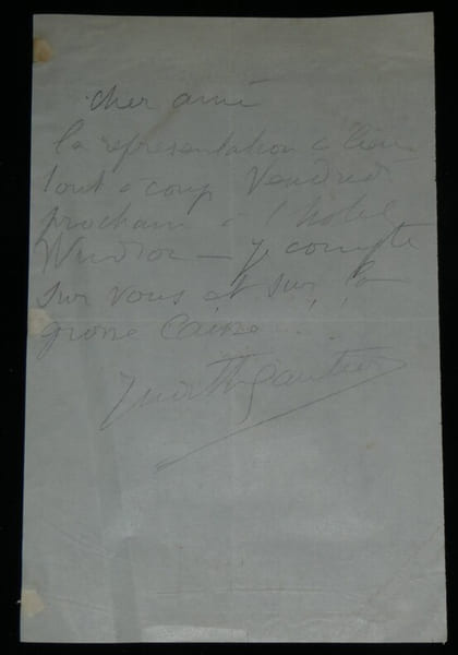 Judith Gautier - Billet autographe sign&eacute; – Repr&eacute;sentation &agrave; l'h&ocirc;tel Windsor - 1890. Judith Gautier