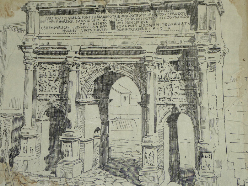 Arc de Septime S&eacute;v&egrave;re au Forum romain - Dessin original sign&eacute; - Encre vers 1930. Louis Henri Laffill&eacute;e
