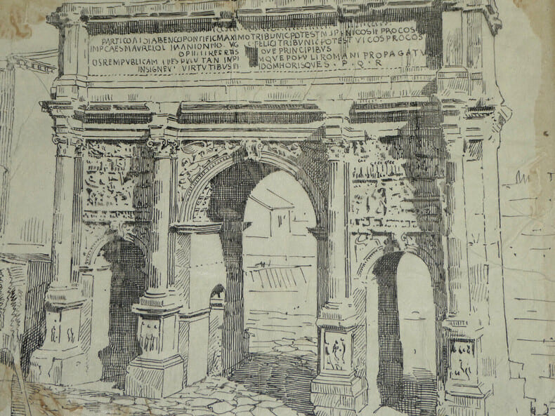 Arc de Septime S&eacute;v&egrave;re au Forum romain - Dessin original sign&eacute; - Encre vers 1930. Louis Henri Laffill&eacute;e