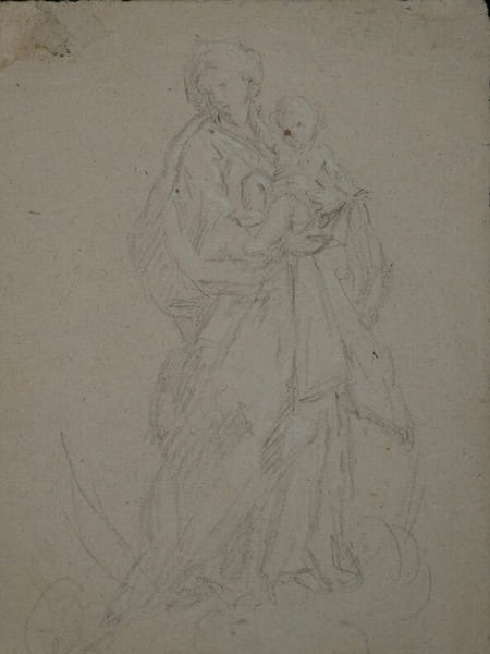 Dessin original au crayon - Figure de la Vierge &agrave; l'enfant J&eacute;sus, XIX &egrave;me.. Anonyme