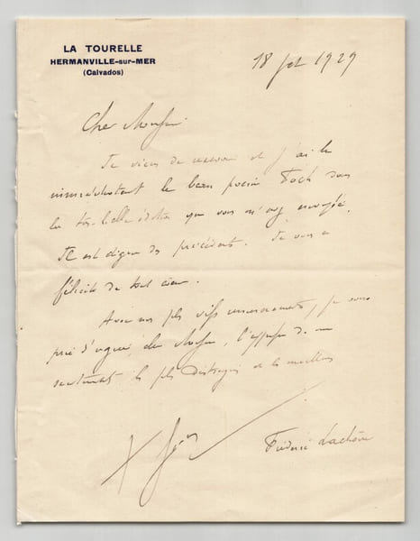 Fr&eacute;d&eacute;ric Lach&egrave;vre - Lettre autographe sign&eacute;e - "Beau po&egrave;me Foch" - 1929. Fr&eacute;d&eacute;ric Lach&egrave;vre