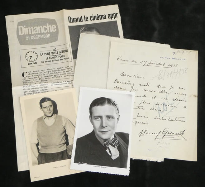 Henry GARAT Lettre autographe sign&eacute;e + 2 cartes photographiques + article presse. Henry GARAT